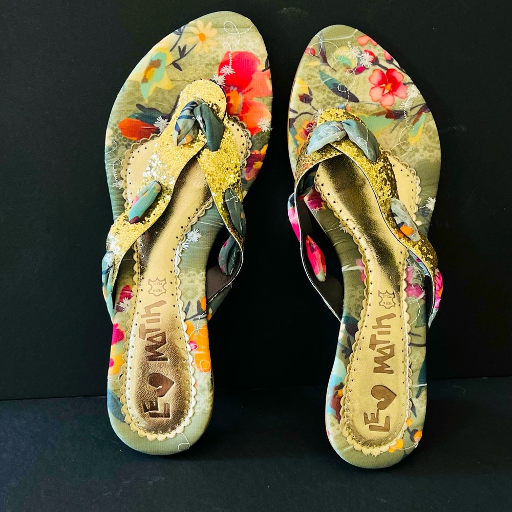Le Matin green gold floral slide sandals kitten heel 37